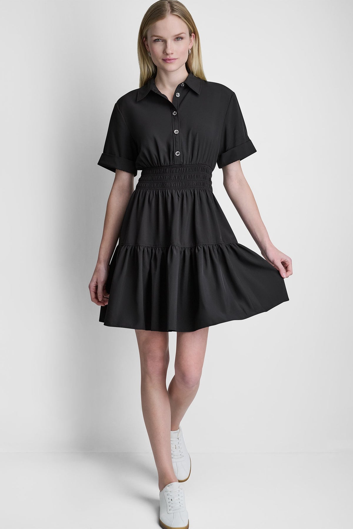 SMOCKED WAIST MINI SHIRT DRESS