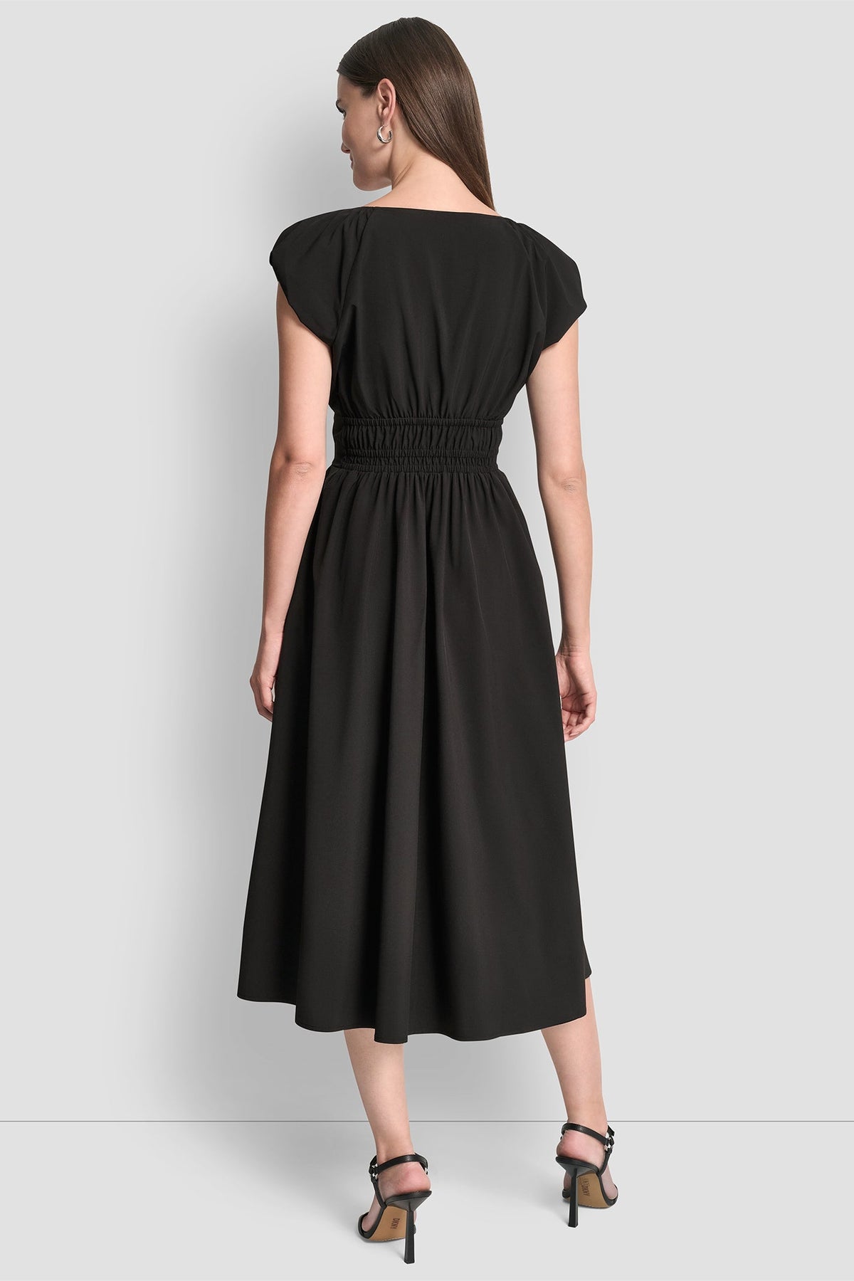 PUFF SLEEVE FIT & FLARE MIDI DRESS