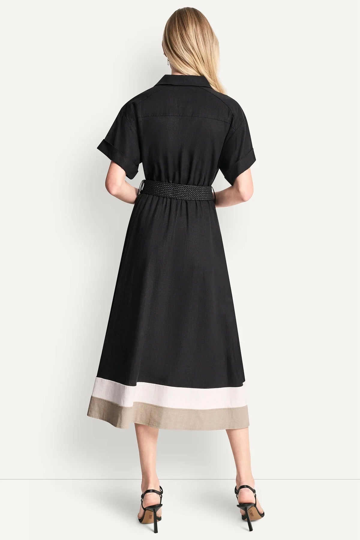 COLOR-BLOCK FIT & FLARE MIDI SHIRT DRESS