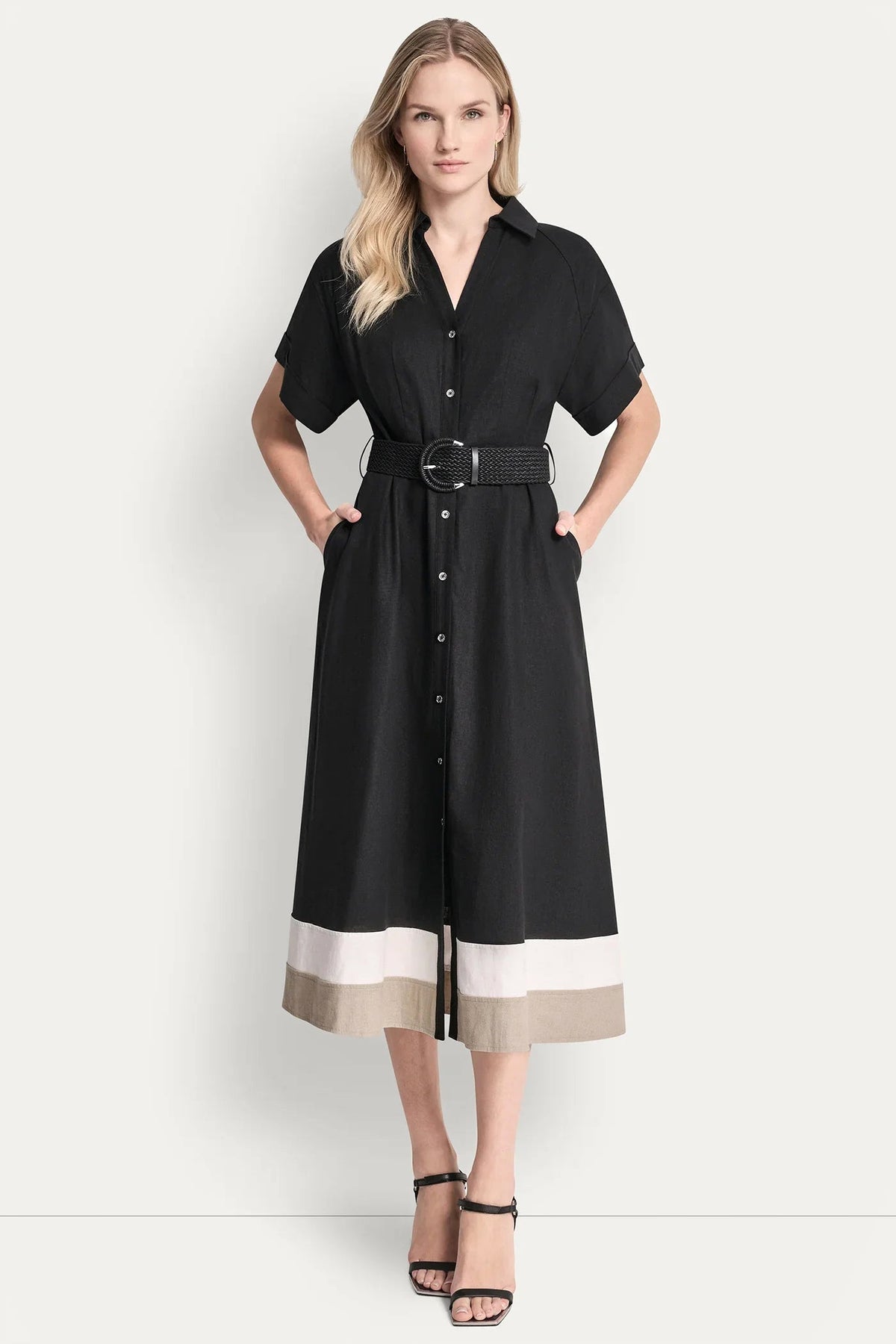 COLOR-BLOCK FIT & FLARE MIDI SHIRT DRESS