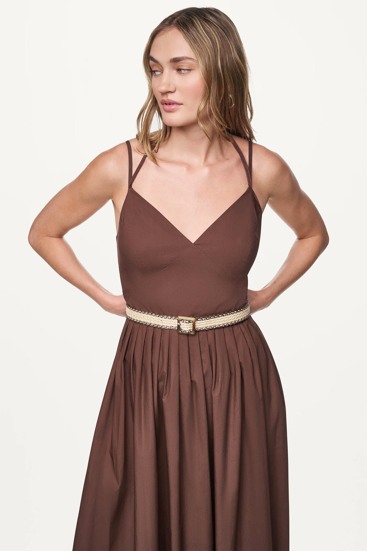 STRAPPY V-NECK MAXI DRESS WITH RAFFIA BELT