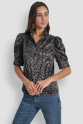 PUFF SLEEVE COLLARLESS SHIRT