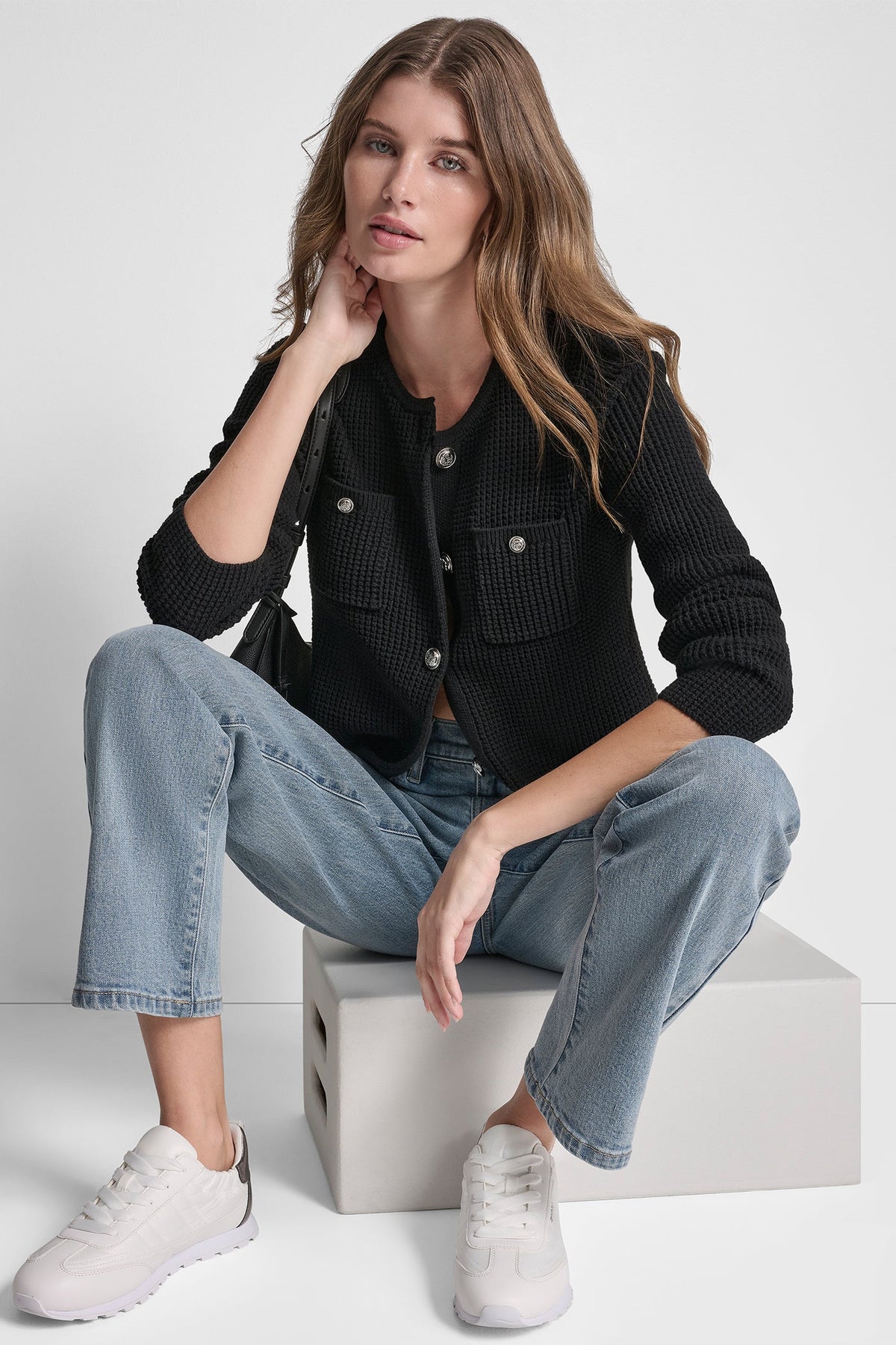 TUCK STITCH CREW NECK CARDIGAN