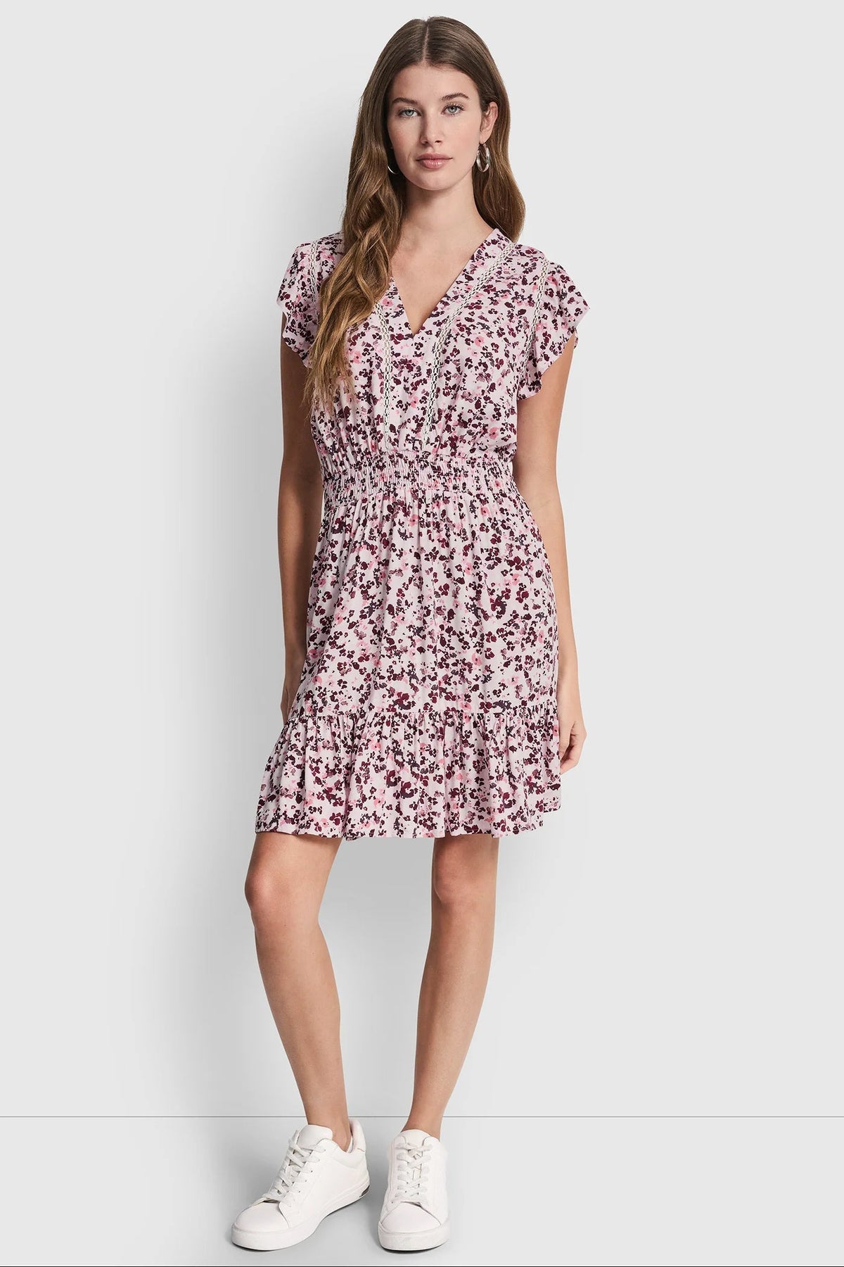 SMOCKED WAIST V-NECK DRESS