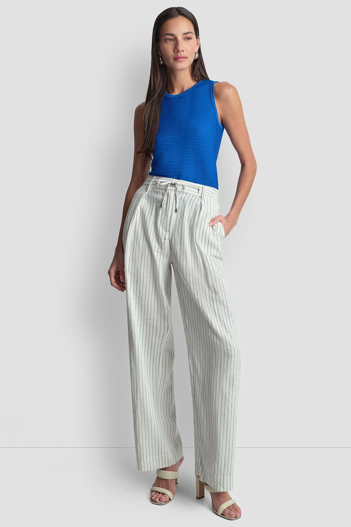 LINEN-BLEND PINSTRIPE PLEATED PANT