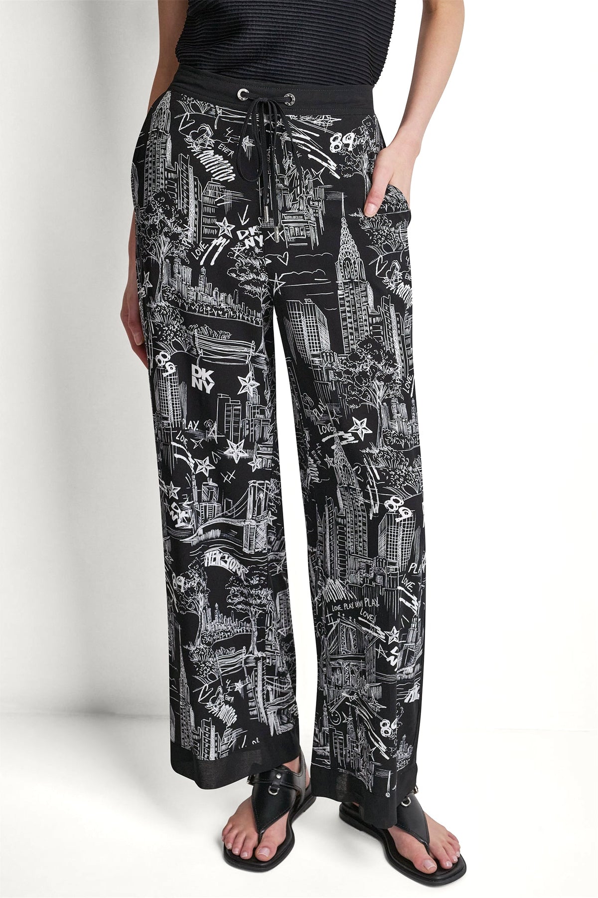 PRINTED DRAWSTRING WIDE LEG PANT