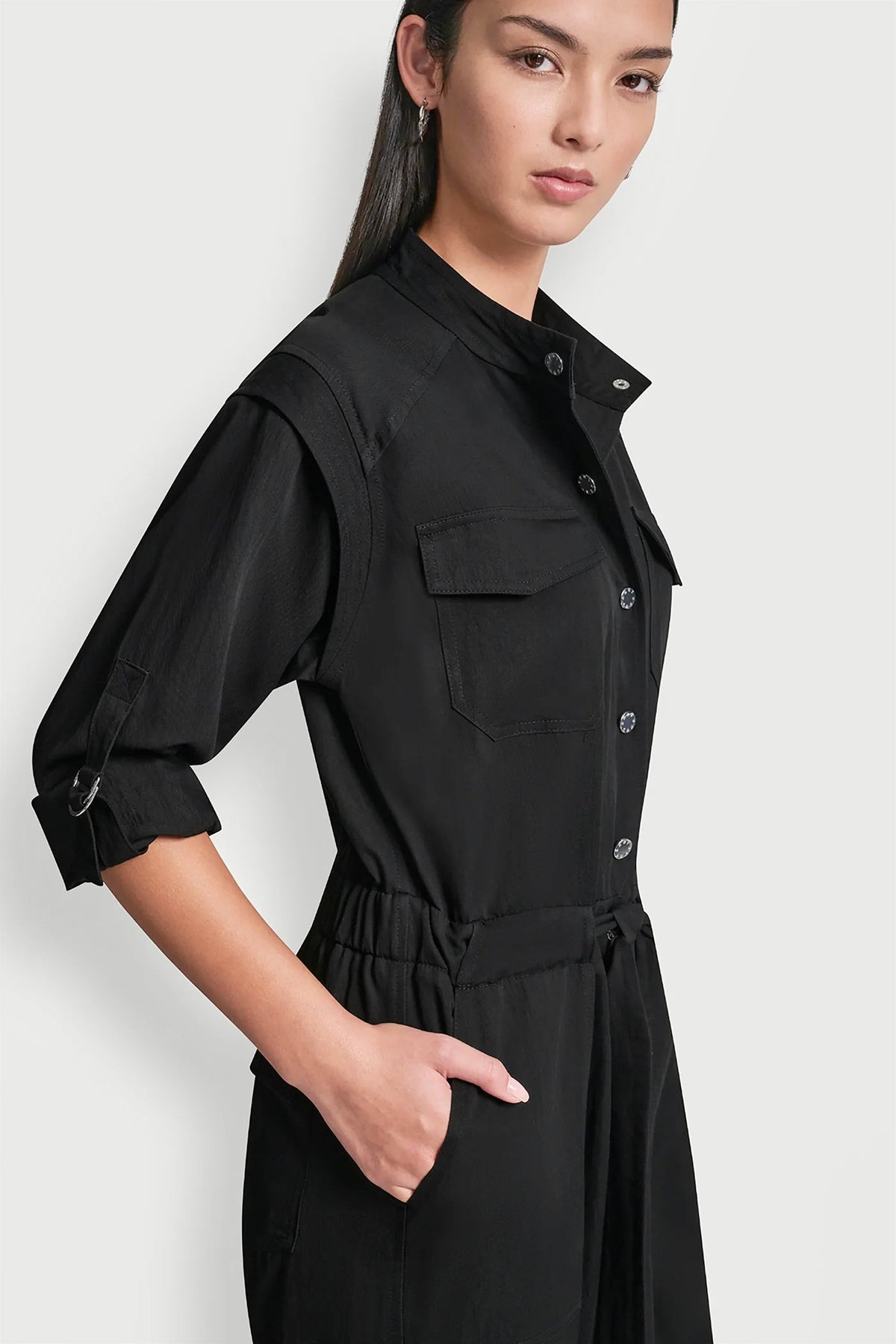 COLLARLESS BUTTON-FRONT JUMPSUIT