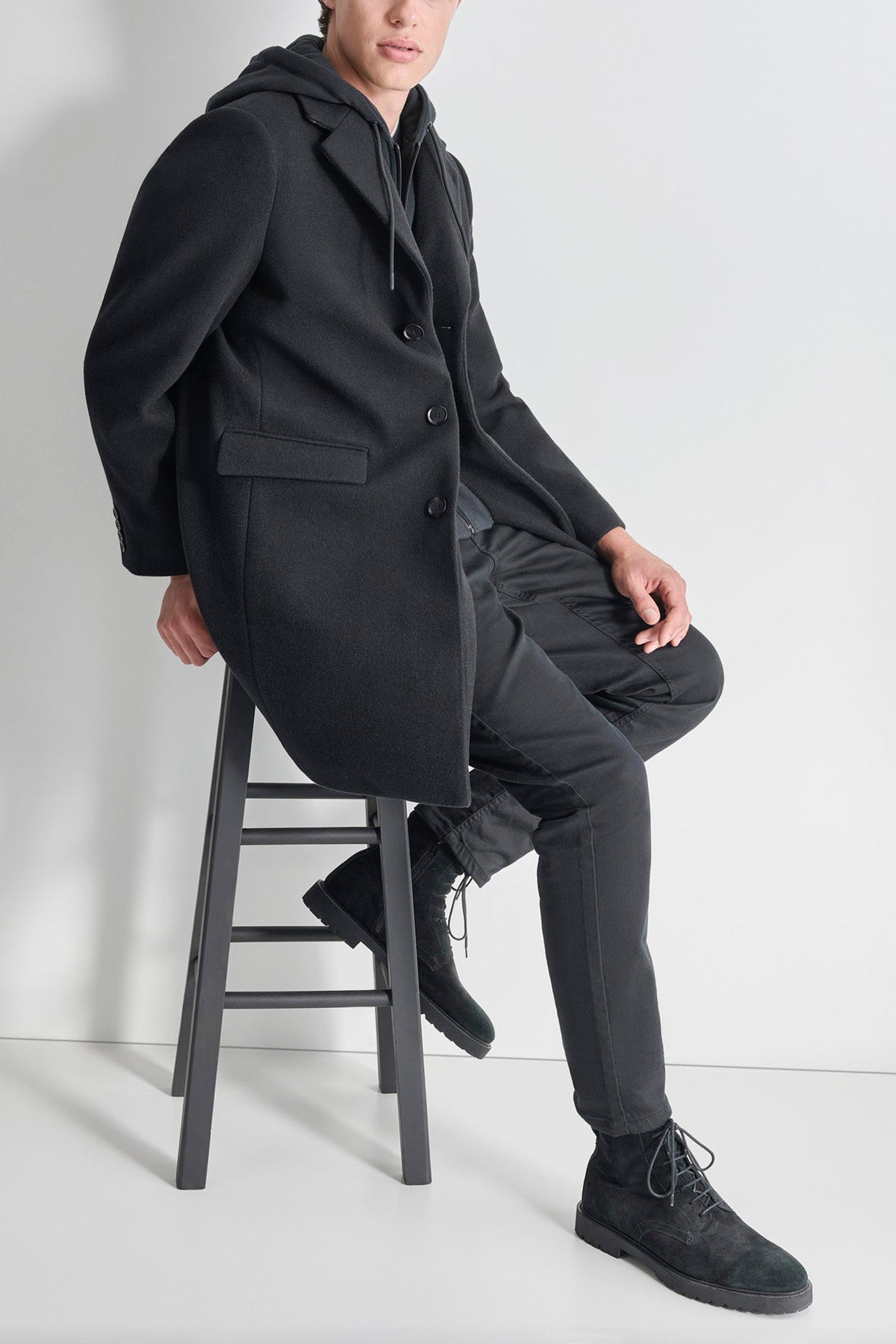 FAUX WOOL COAT WITH HOODED BIB