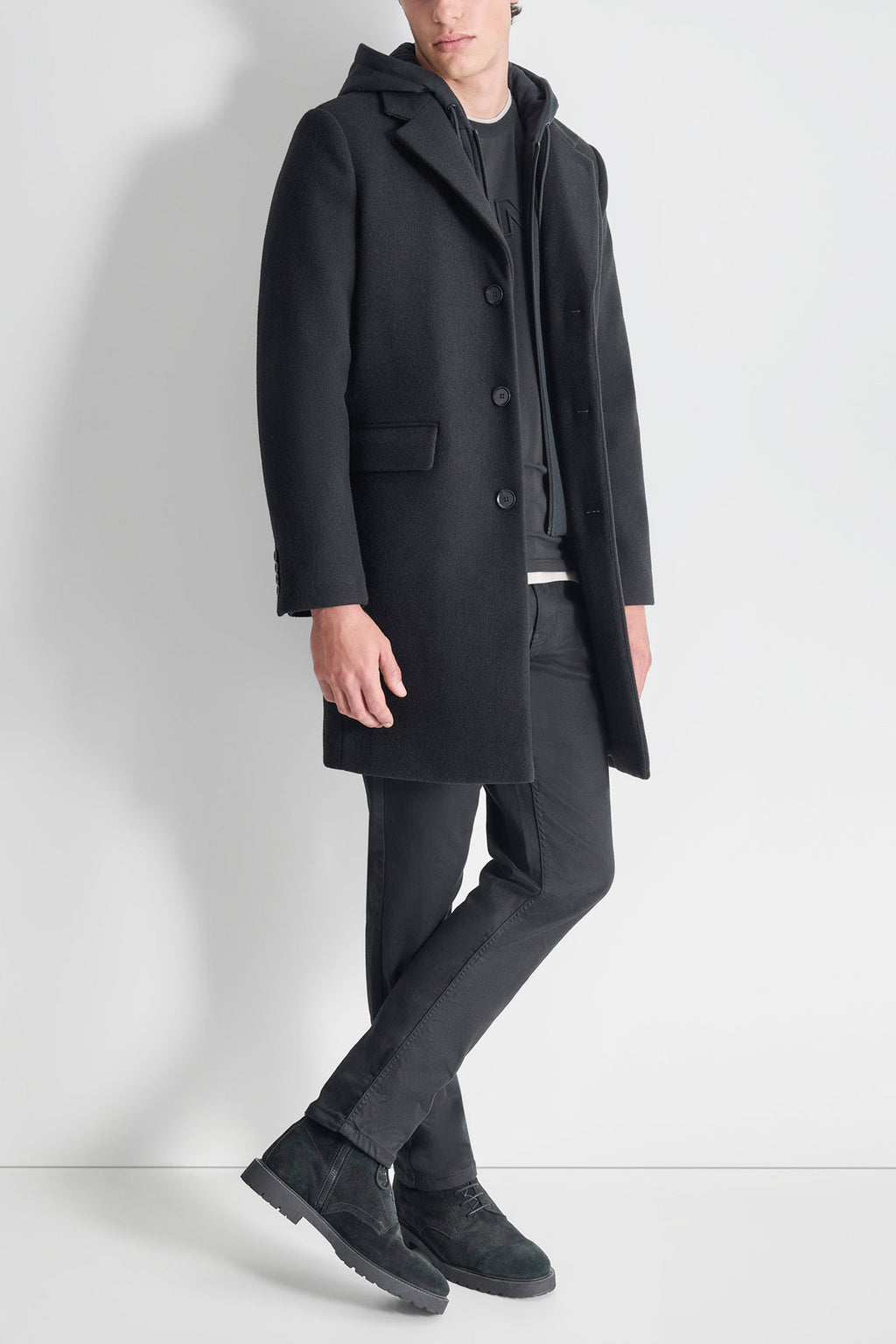 FAUX WOOL COAT WITH HOODED BIB