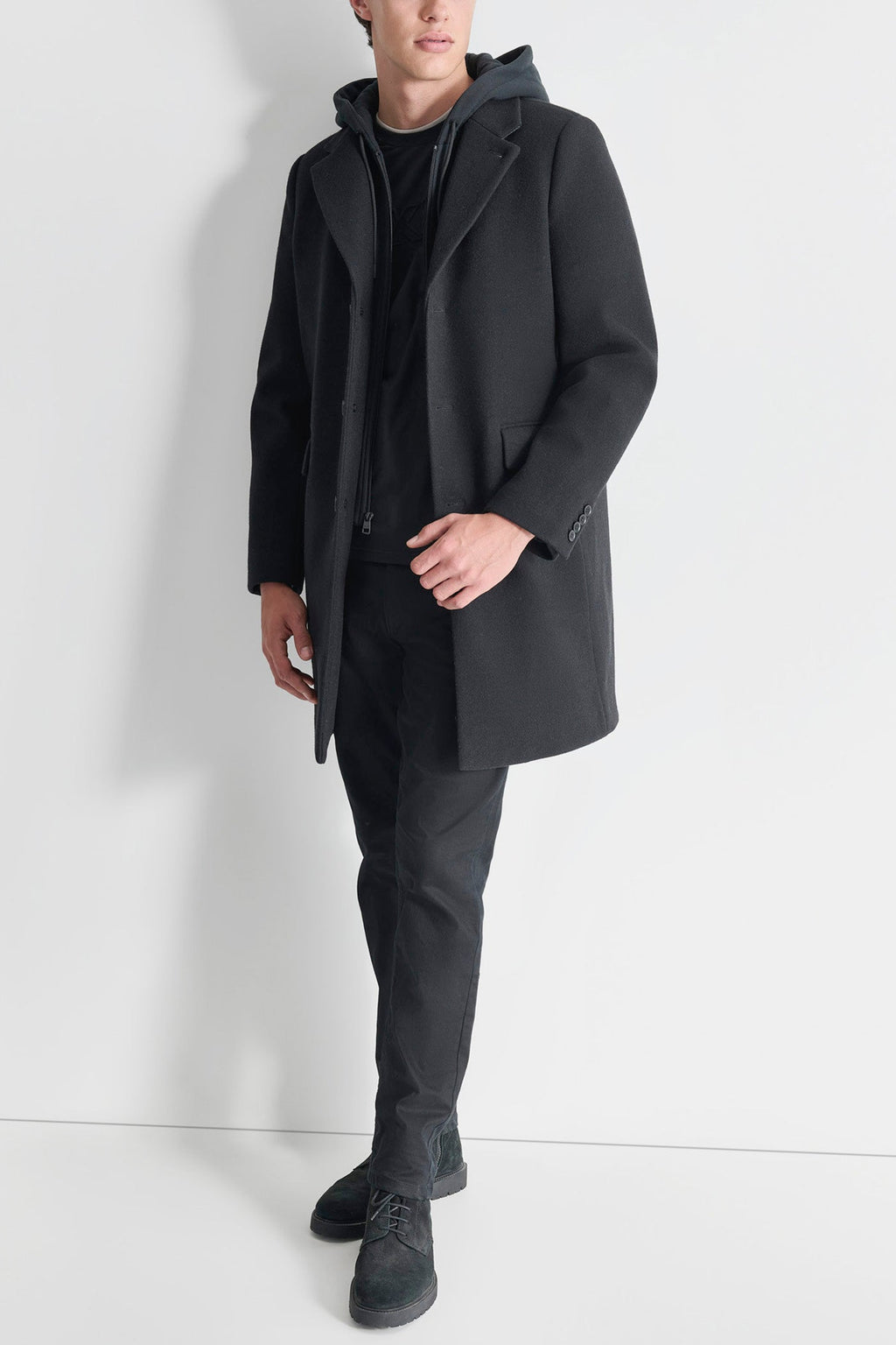 FAUX WOOL COAT WITH HOODED BIB