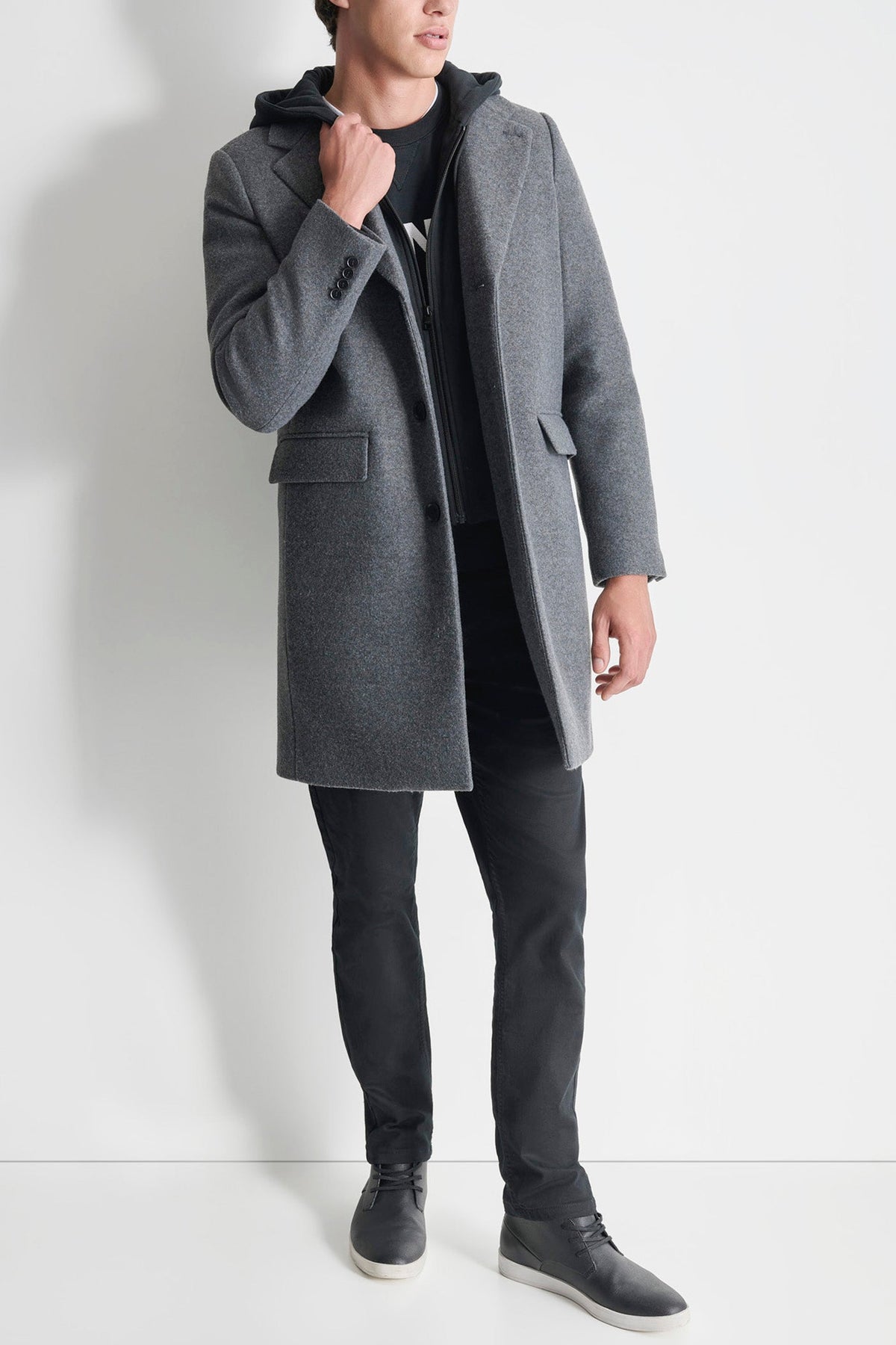 FAUX WOOL COAT WITH HOODED BIB