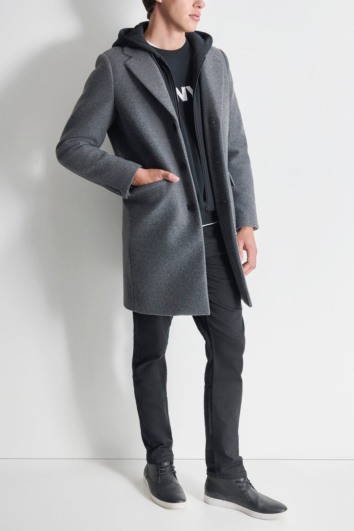 FAUX WOOL COAT WITH HOODED BIB
