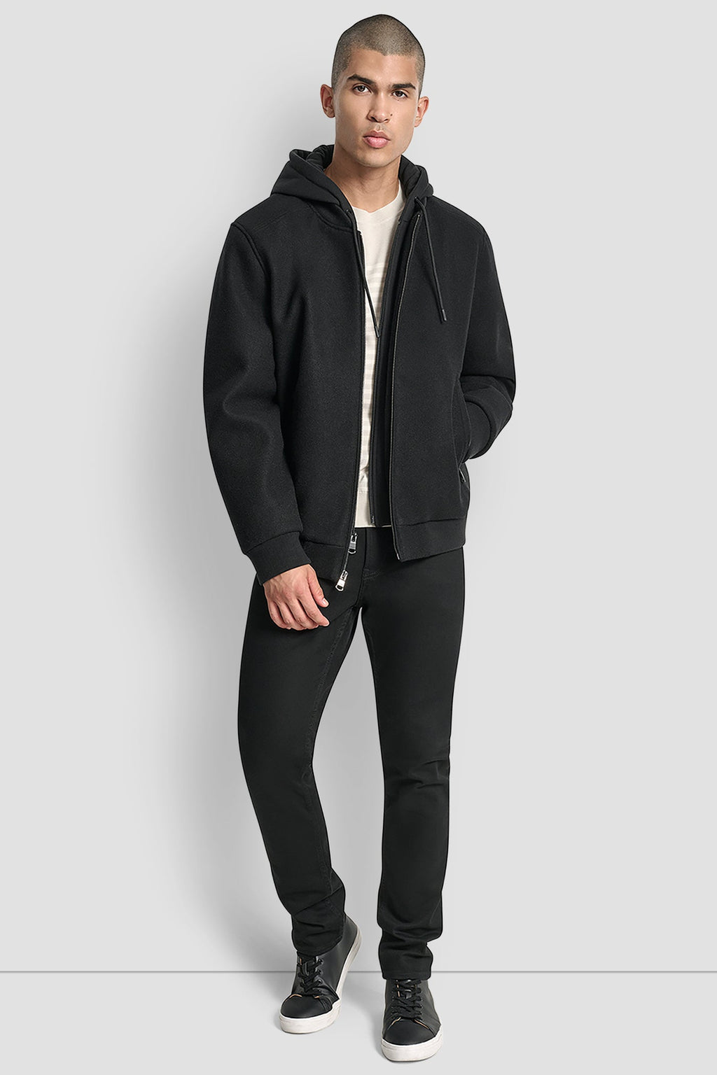 FAUX WOOL BOMBER WITH HOODED BIB